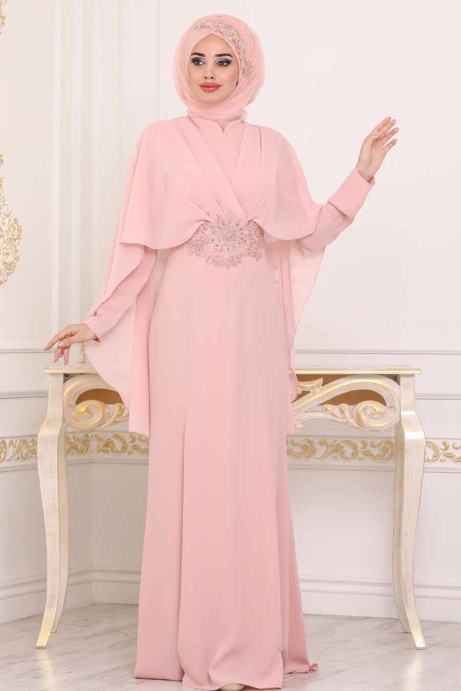 Rose Poudr Tesett Rl Abiye Elbise Robe De Soir E Hijab Pd