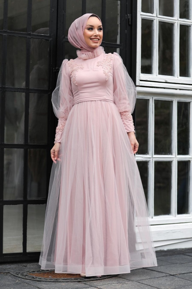 Rose Poudré Tesettürlü Abiye Elbise Robes de Soirée Hijab 40320PD