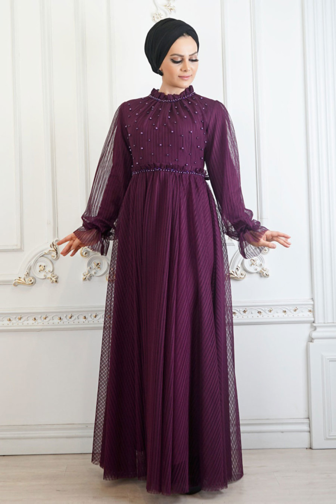 Violet Foncé Tesettürlü Abiye Elbise Robe de Soirée Hijab 22450MU