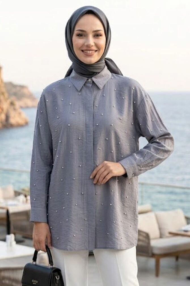 Taş Detaylı Gri Çilek Kumaş Tesettür Gömlek 10861GR - 1