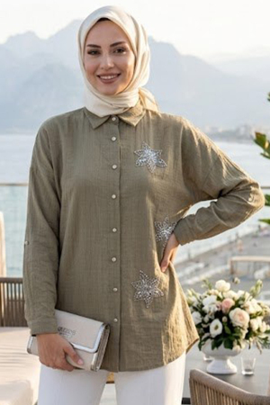 Taş Detaylı Haki Çilek Kumaş Tesettür Gömlek 11181HK - 1