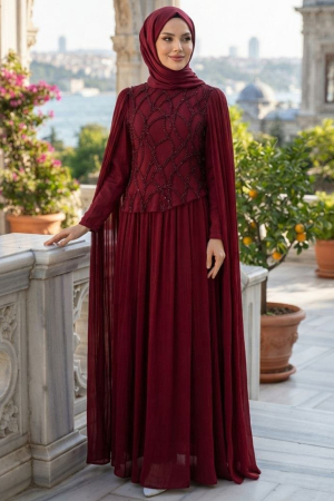 Işıltılı Bordo Tesettür Abiye Elbise 4918BR - 1