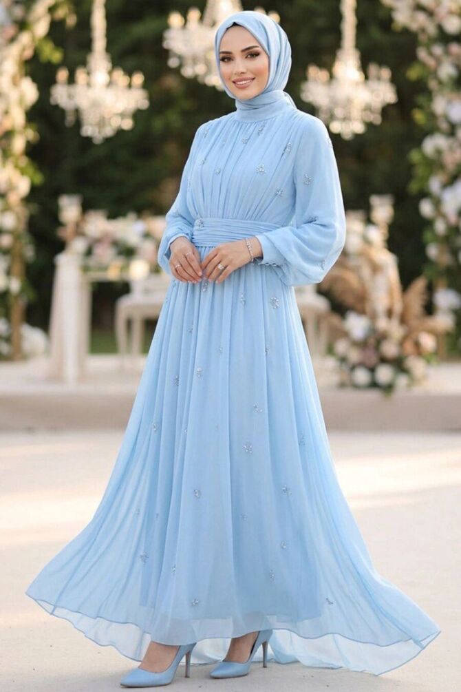 Boncuk İşlemeli Şifon Bebek Mavisi Tesettür Abiye Elbise 5711BM - 1