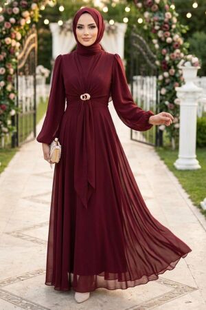 Broş Detaylı Drapeli Bordo Tesettür Abiye Elbise 6304BR 
