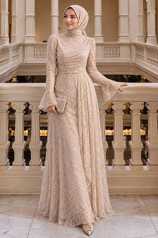 Dantel Detaylı Drapeli Bej Tesettür Abiye Elbise 8194BEJ - N.S NEVA STYLE
