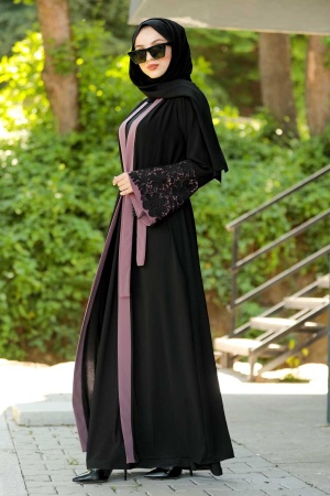 Volan Kollu Gül Kurusu Tesettür Abaya 55084GK - 1
