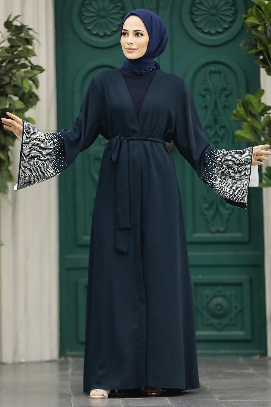 Kemerli Lacivert Tesettür Abaya 601800l