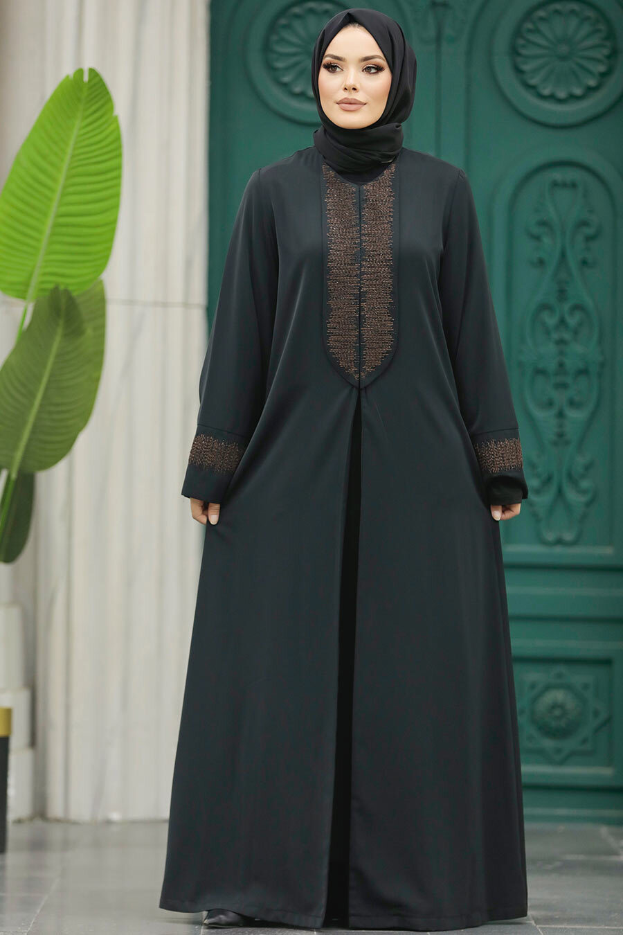 Desen Detaylı Siyah Tesettür Abaya 31131s