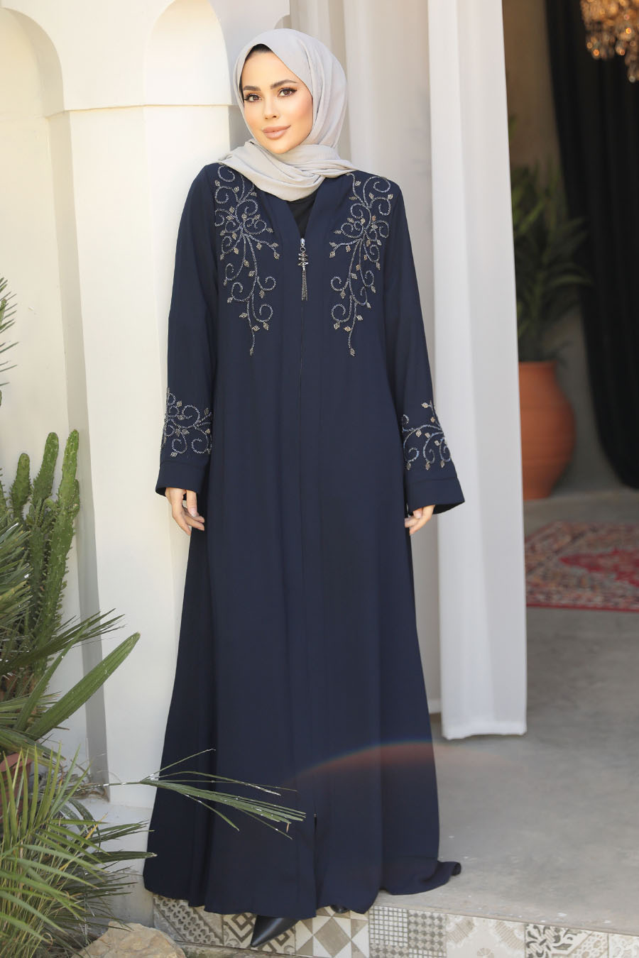 Boncuk Işlemeli Lacivert Tesettür Abaya 29107l