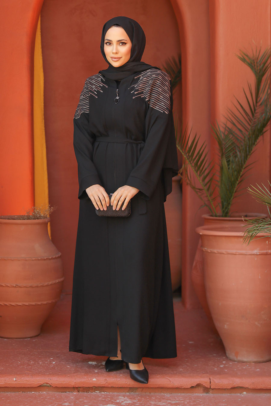 Fermuarlı Siyah Tesettür Abaya 29108s