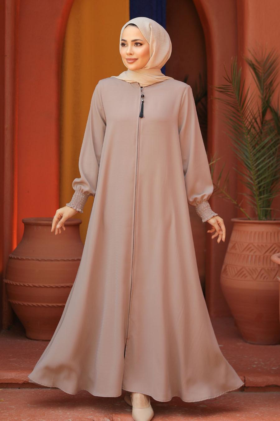 Fermuarlı Bej Tesettür Abaya 26302bej