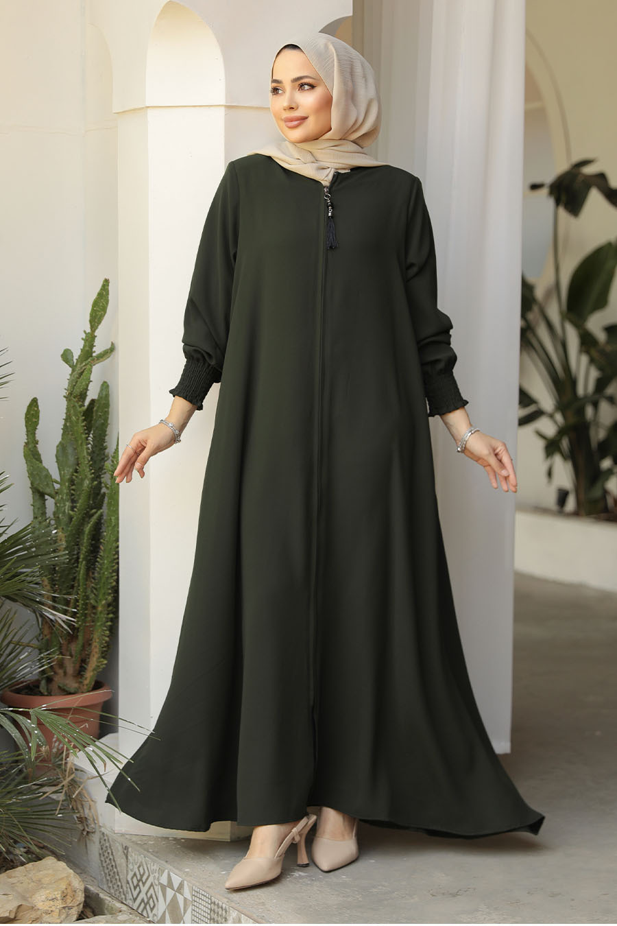 Fermuarlı Haki Tesettür Abaya 26302hk