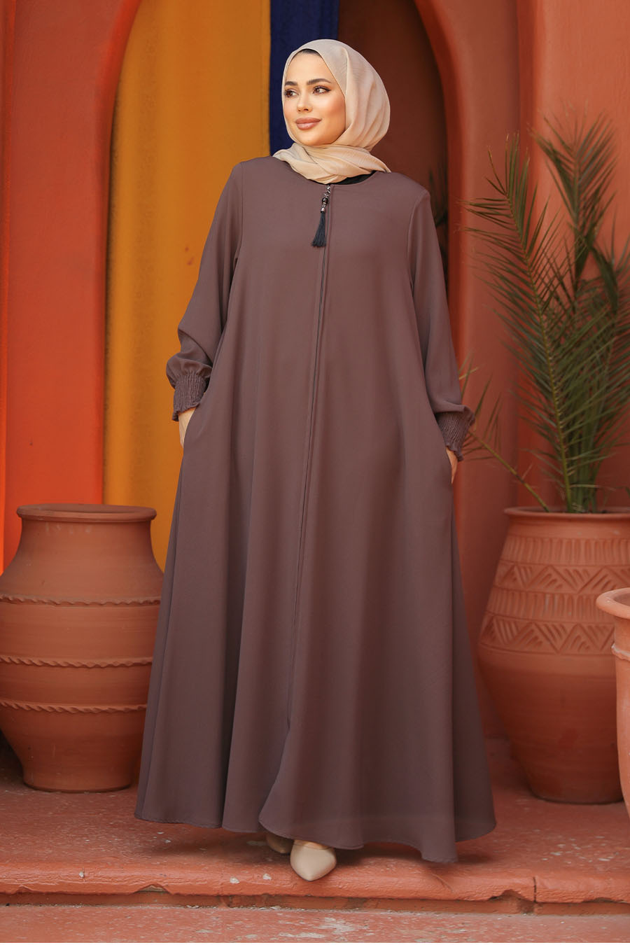 Fermuarlı Kahverengi Tesettür Abaya 26302kh