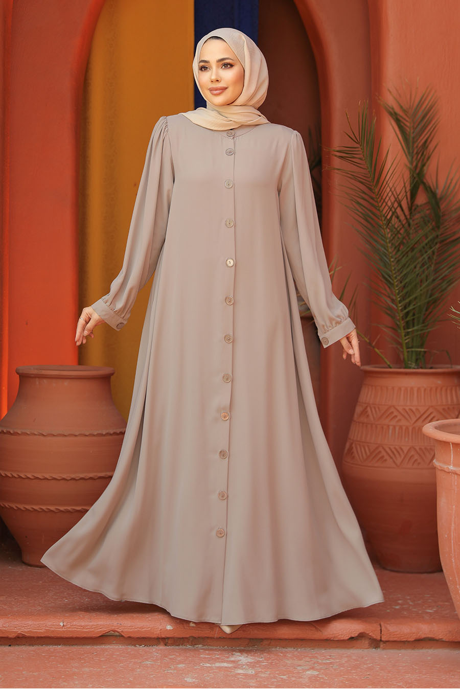 Düğmeli Bej Tesettür Abaya 45283bej