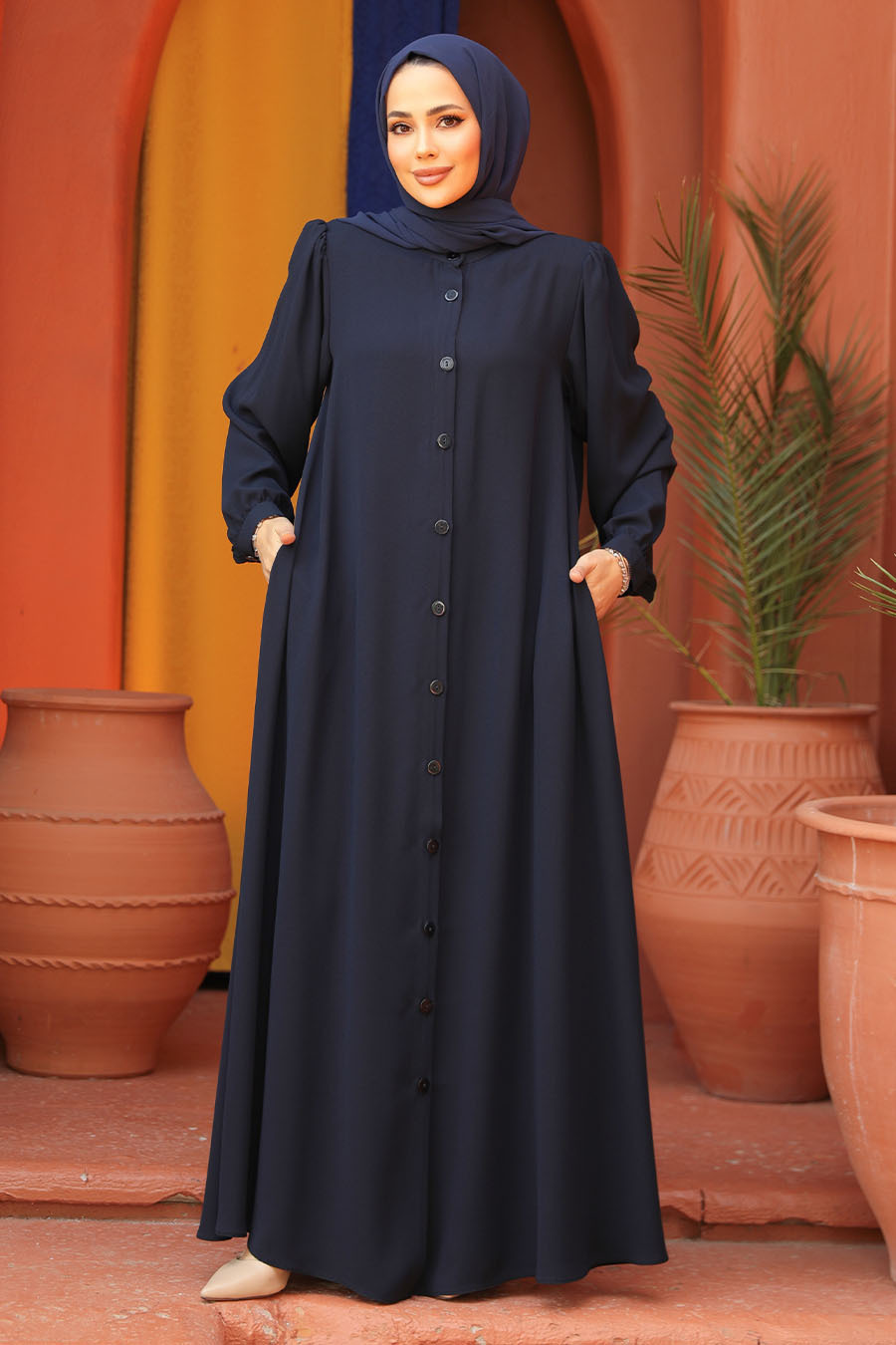 Düğmeli Lacivert Tesettür Abaya 45283l