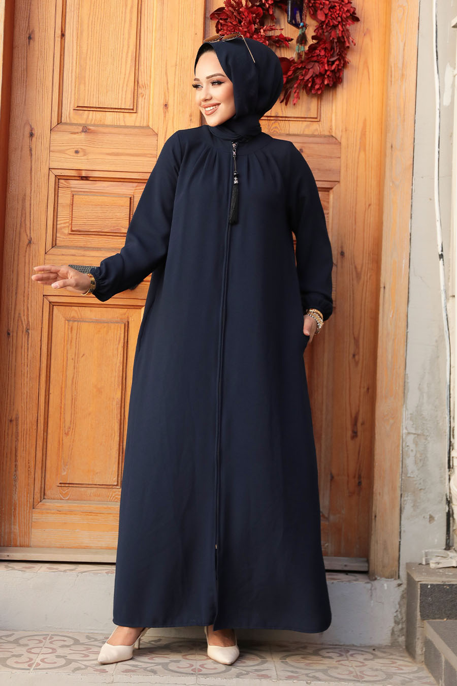 Fermuarlı Lacivert Tesettür Abaya 60971l