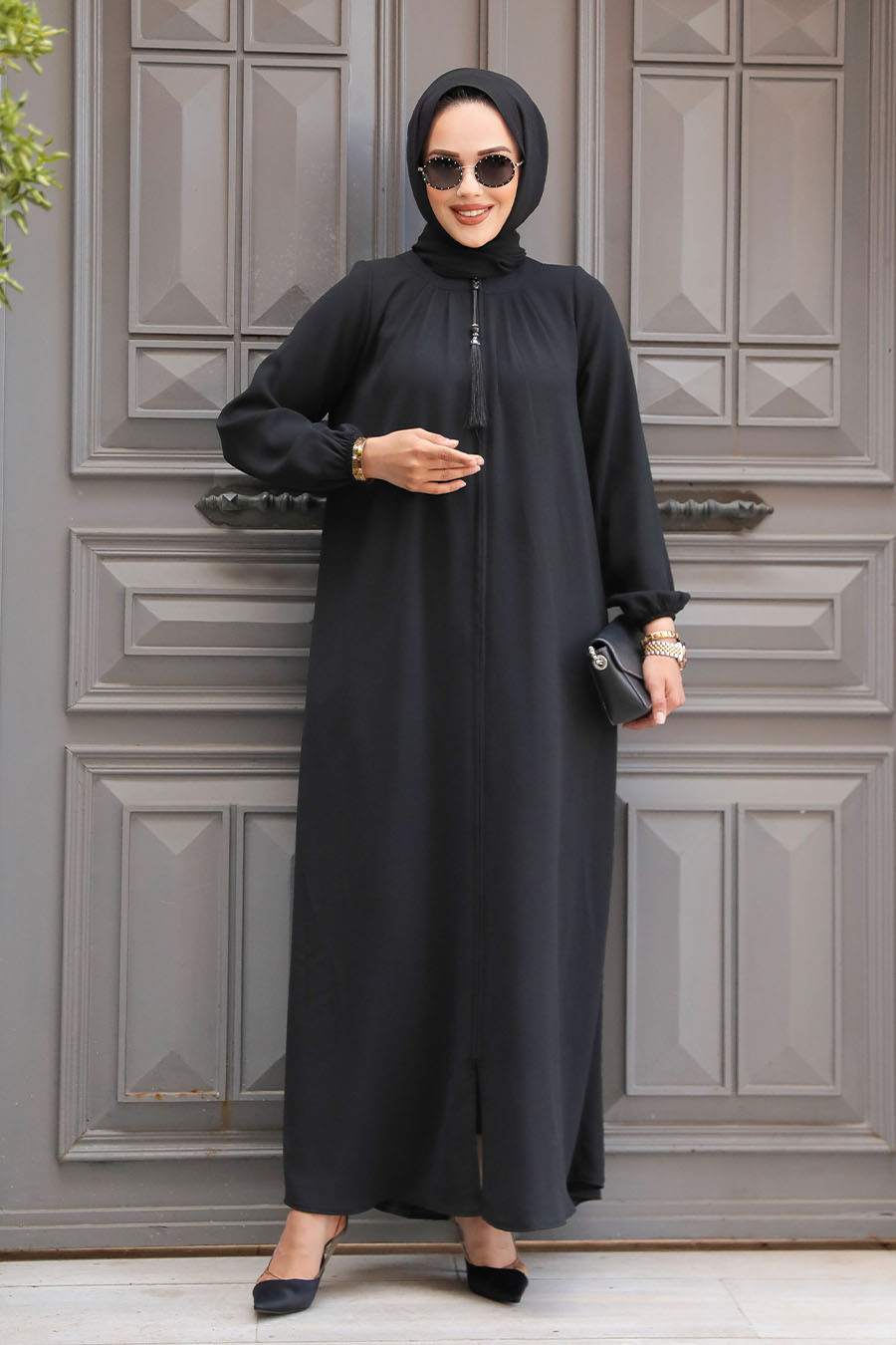 Fermuarlı Siyah Tesettür Abaya 60971s