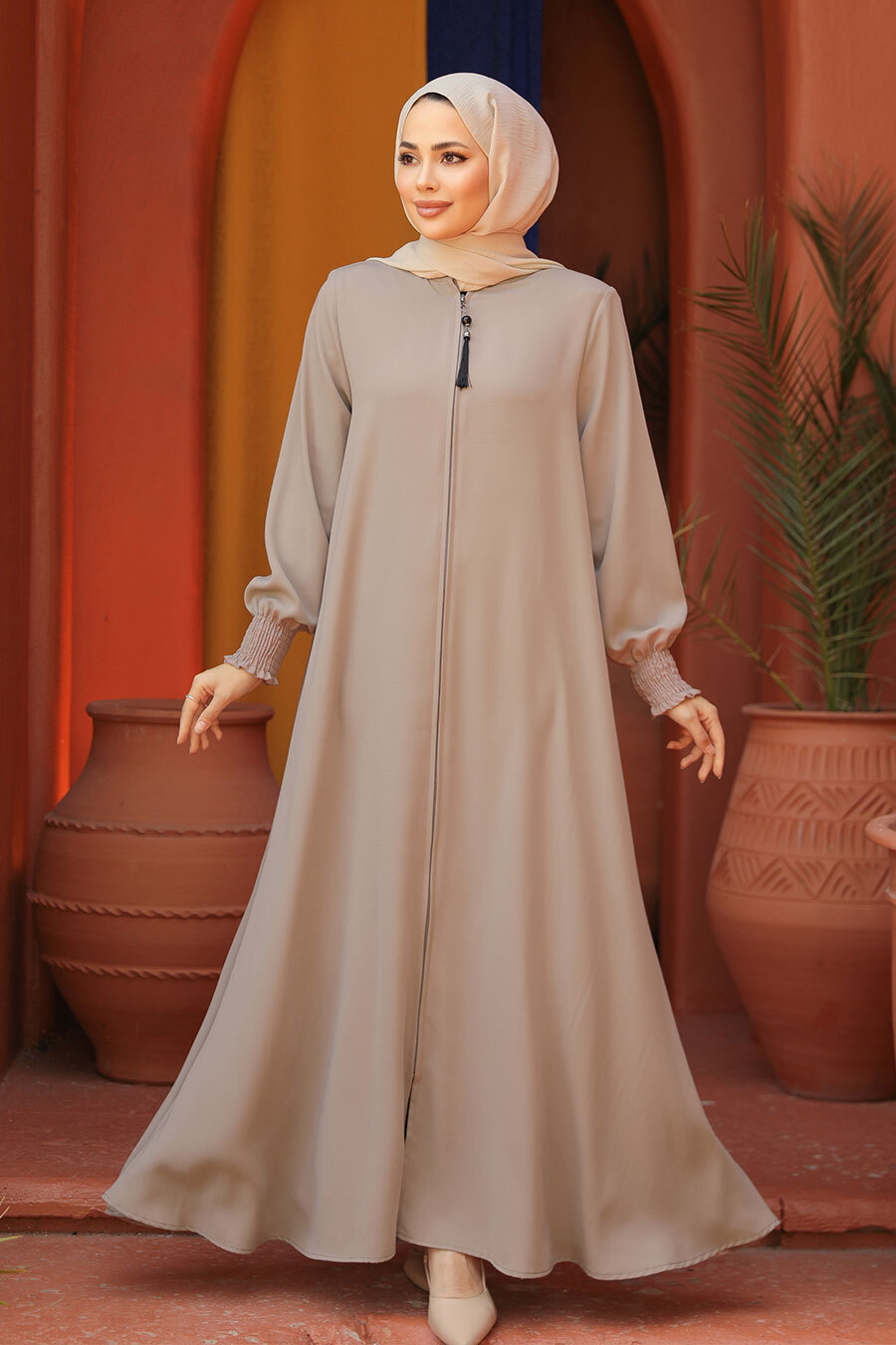 Fermuarlı Taş Tesettür Abaya 26302tas