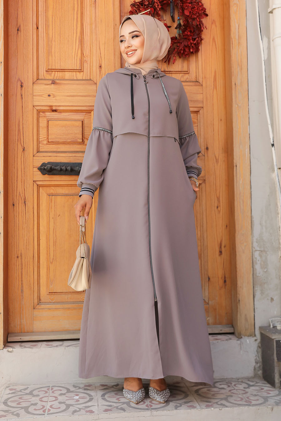 Kapşonlu Gri Tesettür Abaya 62602gr