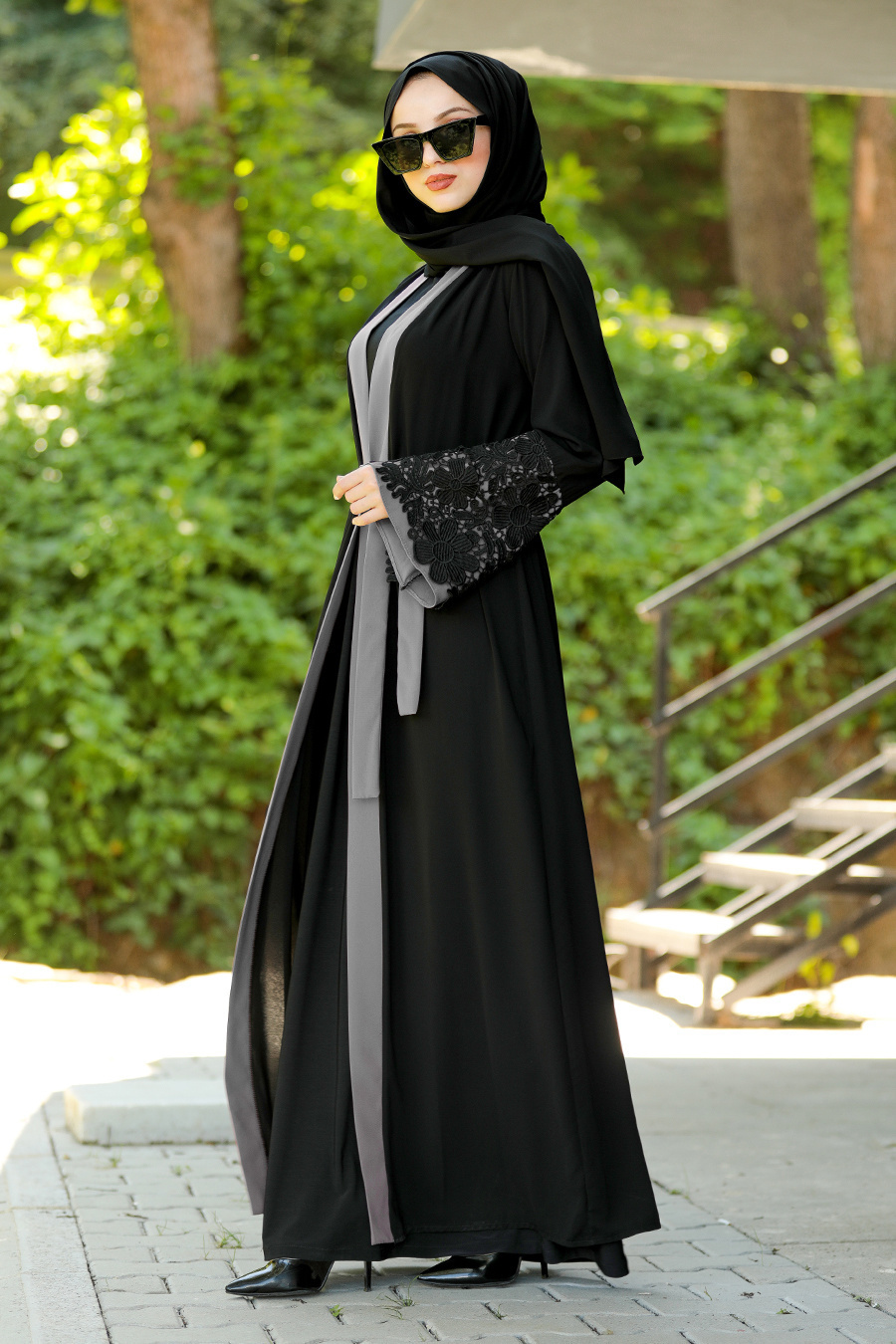 Volan Kollu Gri Tesettür Abaya 55084gr