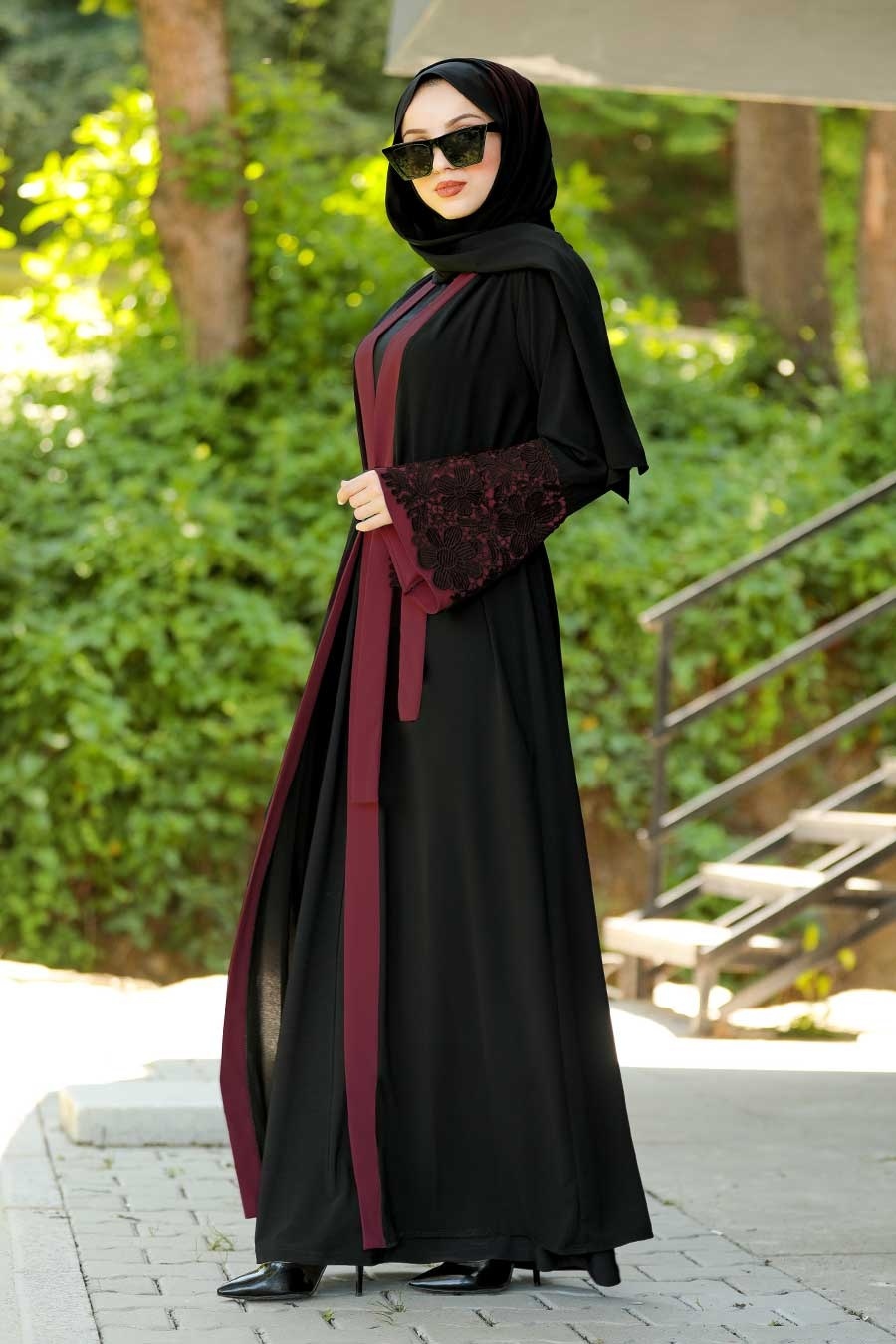 Volan Kollu Bordo Tesettür Abaya 55084br