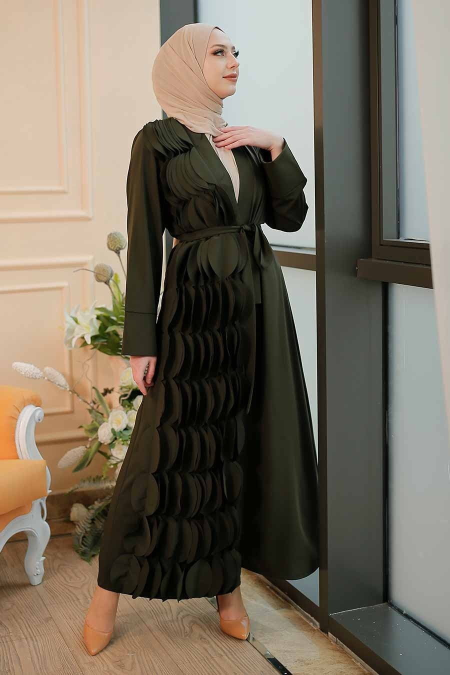 Detaylı Haki Tesettür Abaya 34930hk