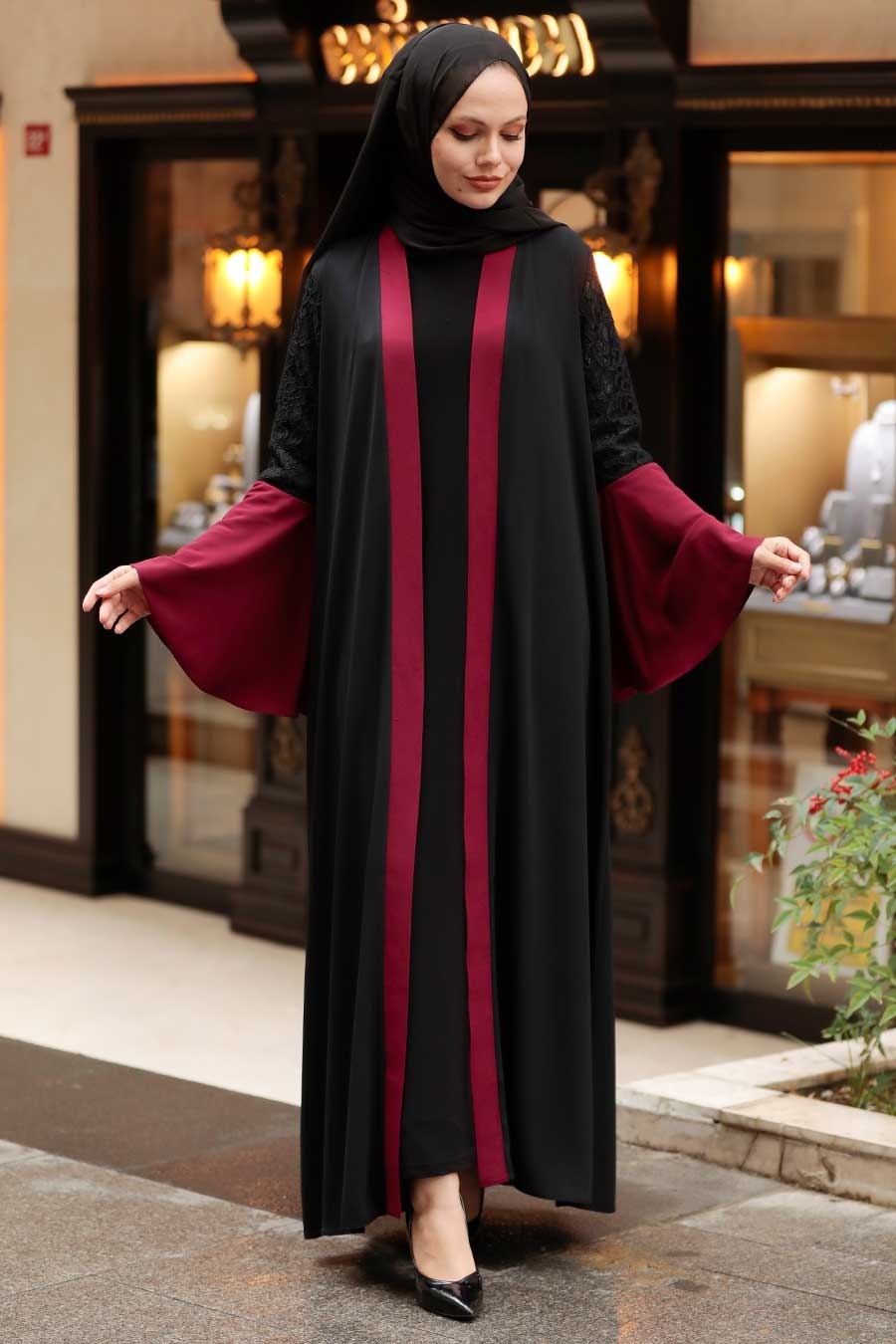 Kolları Detaylı Bordo Tesettür Abaya 55510br