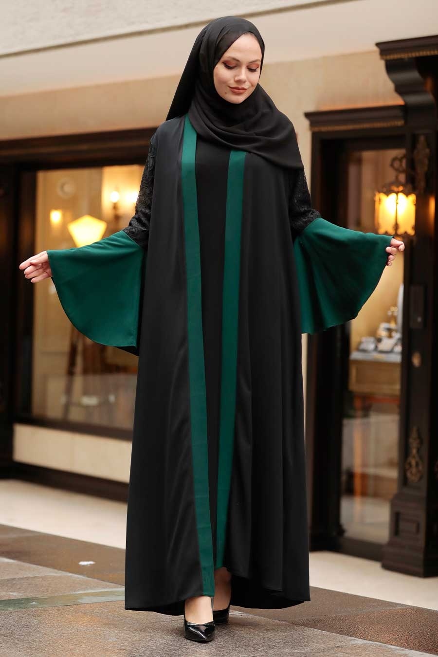 Kolları Detaylı Yeşil Tesettür Abaya 55510y