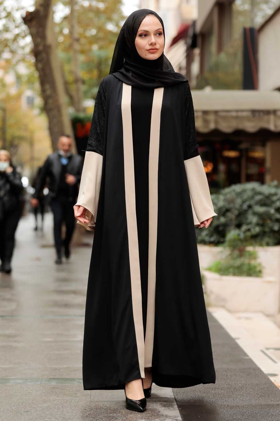 Kolları Detaylı Bej Tesettür Abaya 55510bej