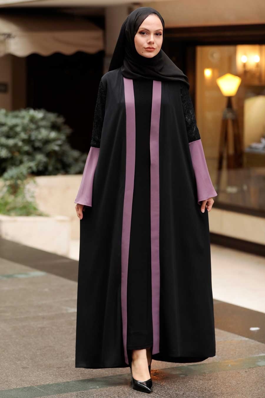 Kolları Detaylı Koyu Gül Kurusu Tesettür Abaya 55510kgk