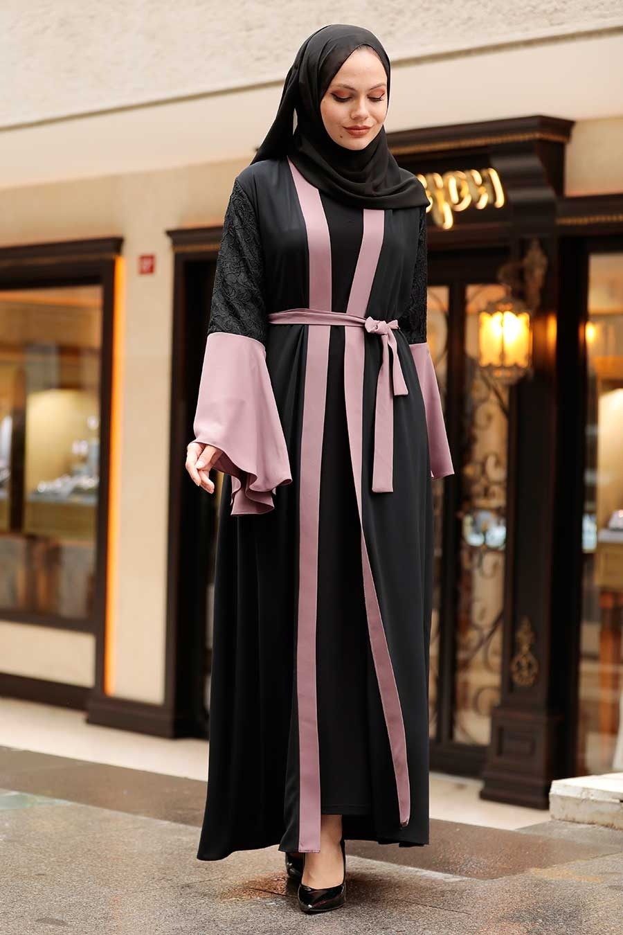 Kolları Detaylı Gül Kurusu Tesettür Abaya 55510gk