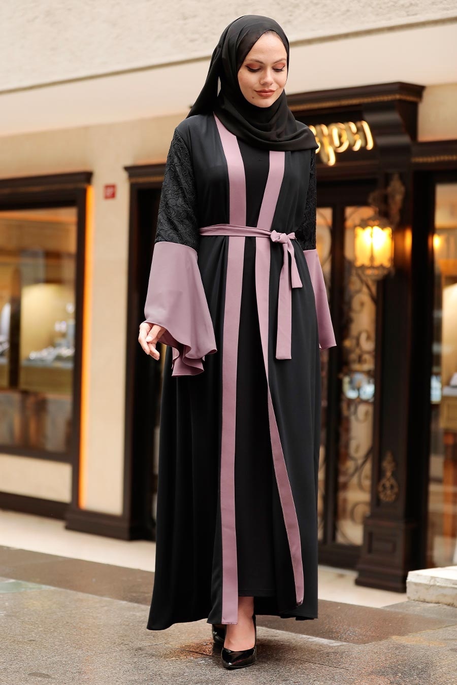 Kolları Detaylı Açık Gül Kurusu Tesettür Abaya 55510agk