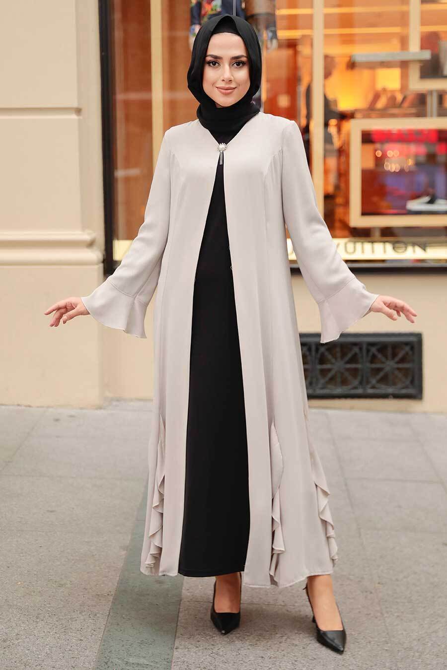 Fırfır Detaylı Bej Tesettür Abaya 1535bej