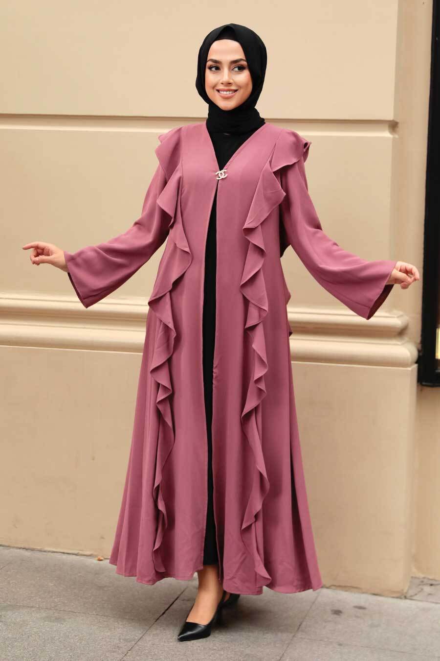 Fırfır Detaylı Gül Kurusu Tesettür Abaya 15402gk