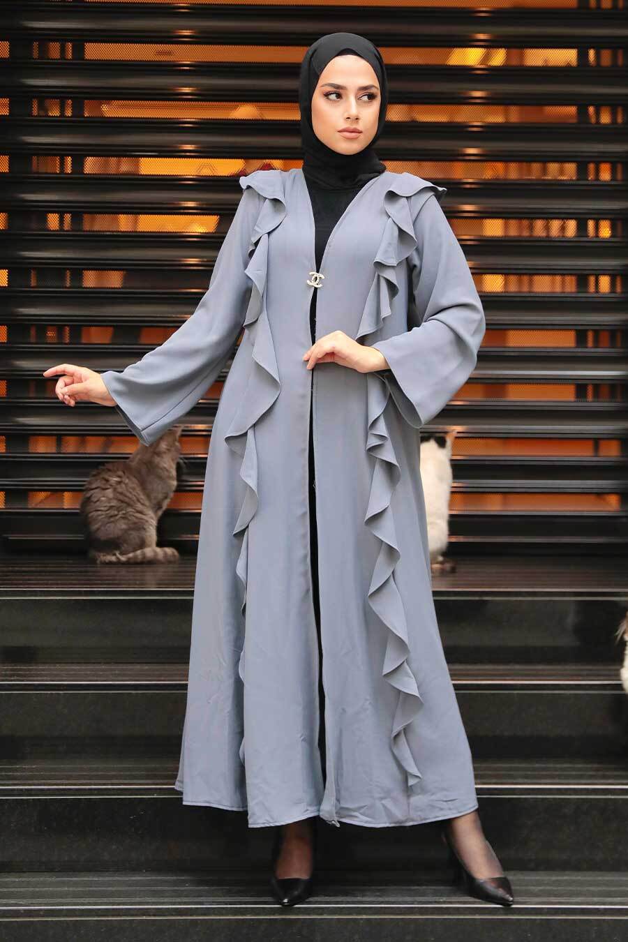 Fırfır Detaylı Gri Tesettür Abaya 15402gr