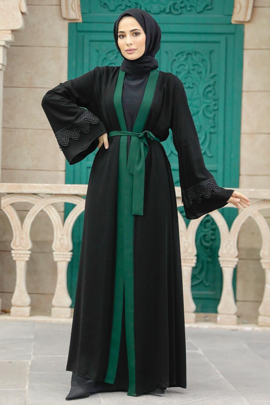 Kemerli Yeşil Tesettür Abaya 55440y