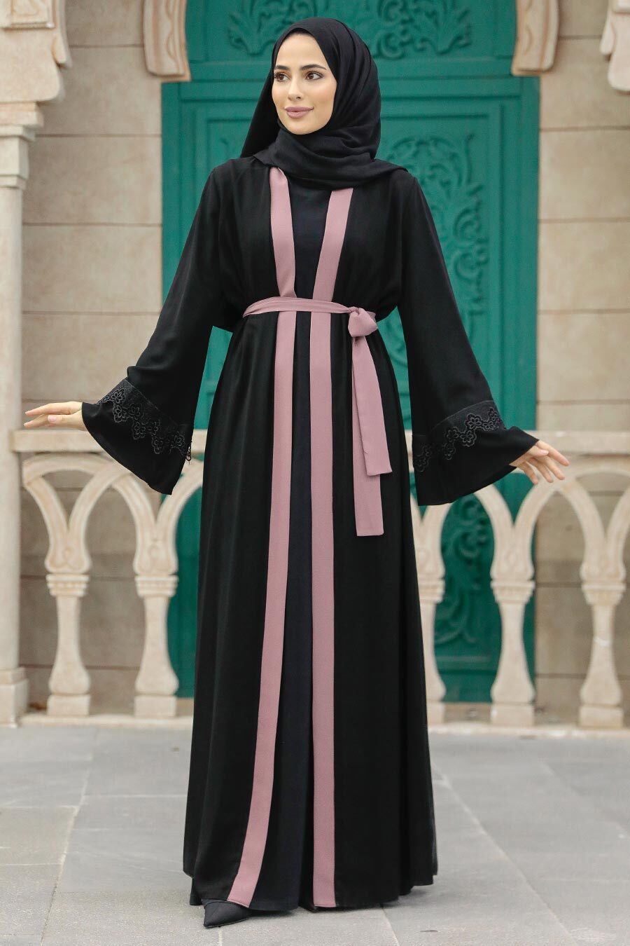 Kemerli Açık Gül Kurusu Tesettür Abaya 55440agk