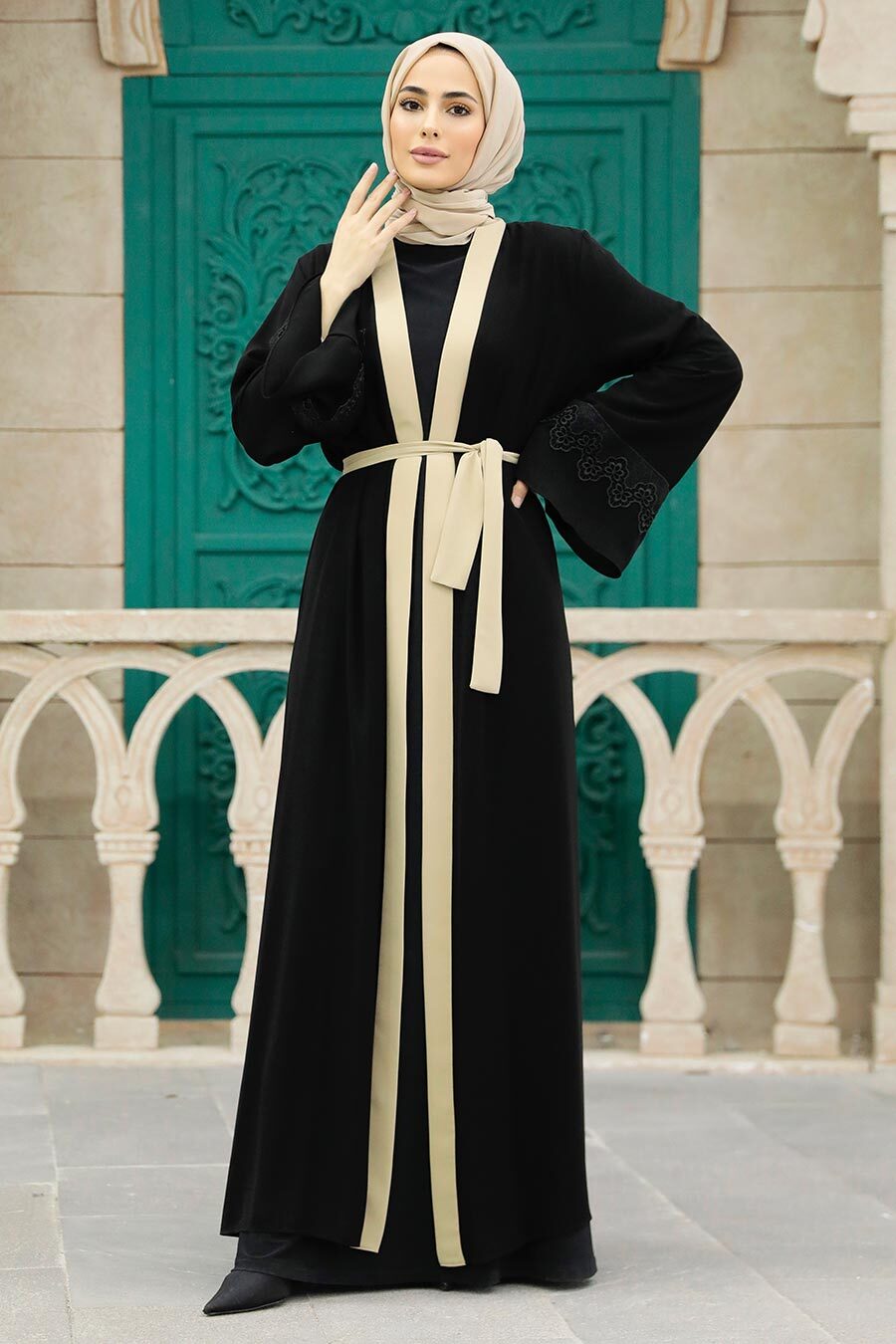 Kemerli Bej Tesettür Abaya 55440bej