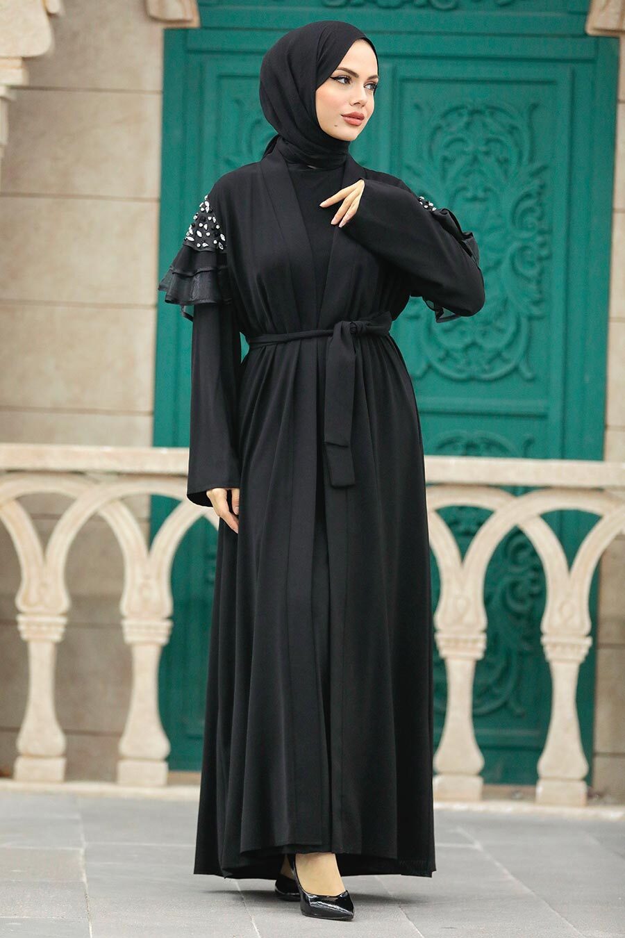 Kolları Detaylı Siyah Tesettür Abaya 388900s