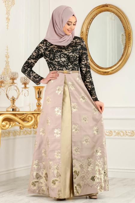 Nayla Collection - Çiçek Desenli Ekru Tesettür Abiye Elbise 82457e