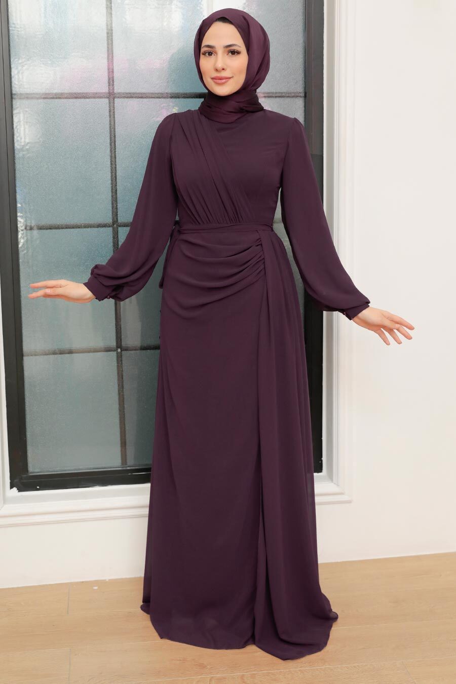 Tesettür Abiye Elbise - Drape Detaylı Mor Tesettür Abiye Elbise 5711mor