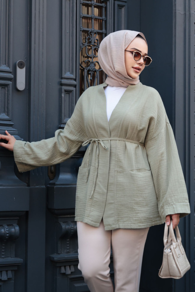 Açık Haki Tesettür Kimono 19032AHK - 2