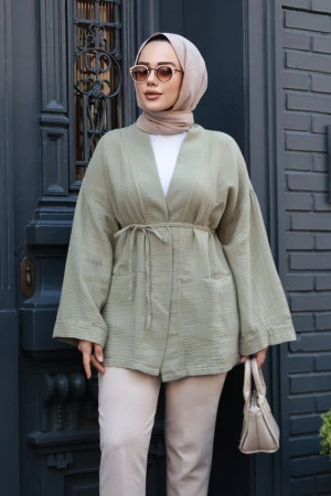 Açık Haki Tesettür Kimono 19032AHK - 1