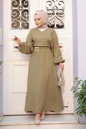 Açık Haki Tesettür Müslin Elbise 19033AHK - 1