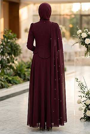 Adriana Plum Pearl-Detail Cape-Style Modest Evening Dress 5680MU - 2