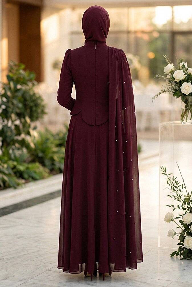 Adriana Plum Pearl-Detail Cape-Style Modest Evening Dress 5680MU - 2
