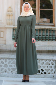 Afra - Yakalı Haki Tesettür Elbise 2063HK - Thumbnail