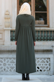 Afra - Yakalı Haki Tesettür Elbise 2063HK - Thumbnail
