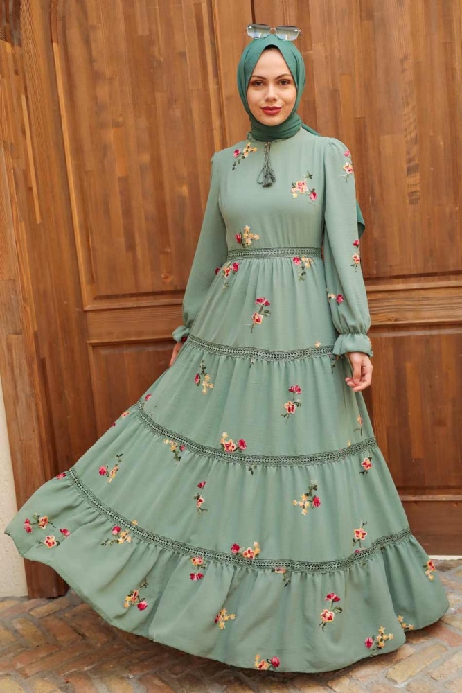 Almond Green Hijab Dress 3403CY - 1