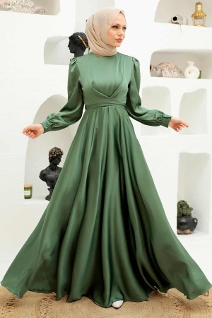 Neva Style - Satin Almond Green Modest Islamic Clothing Wedding Dress 3064CY - 2